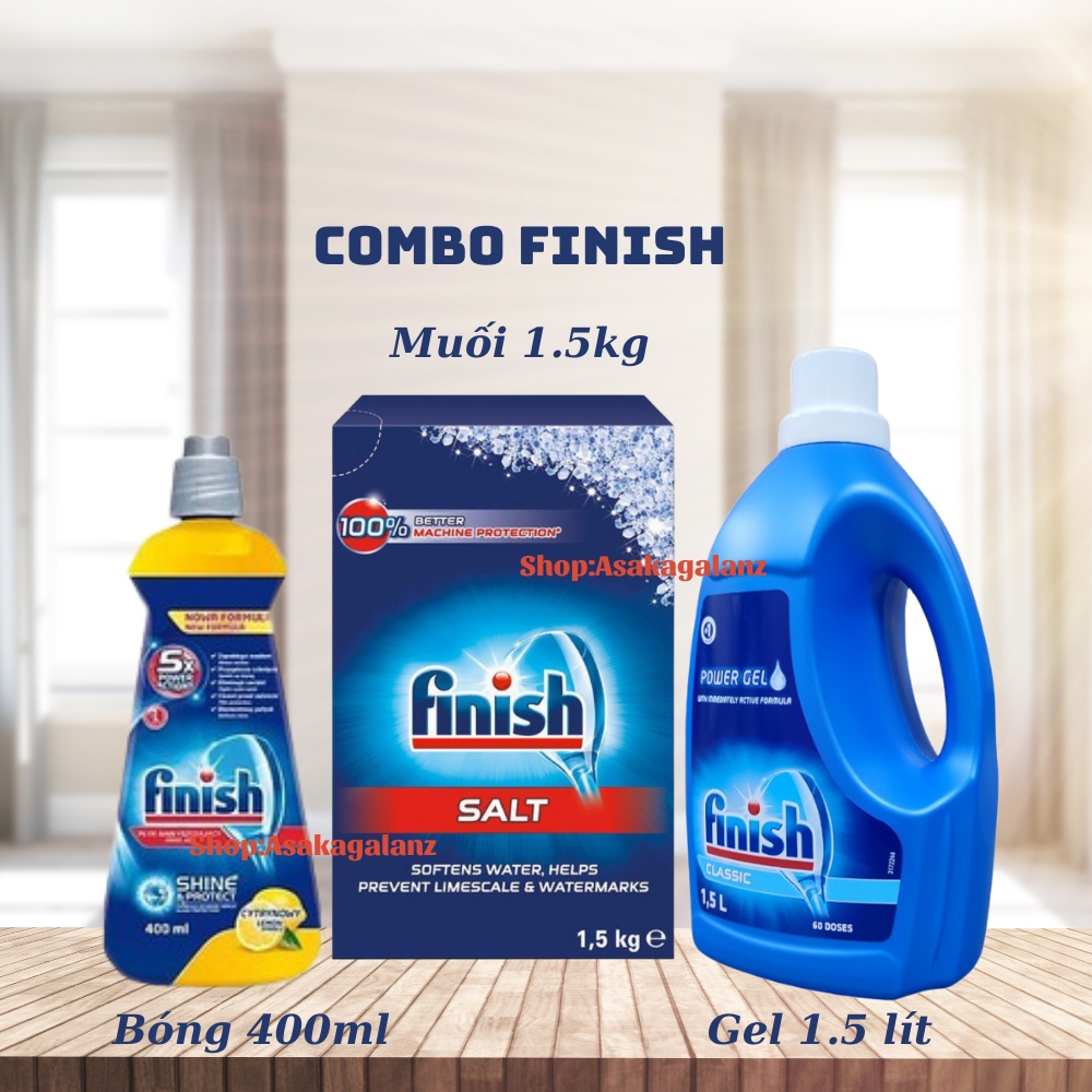 [MỚI 2021]Combo rửa bát Finish: Bột 2.5kg, Muối 1.5kg, Nước làm bóng 750ml - Nhập khẩ