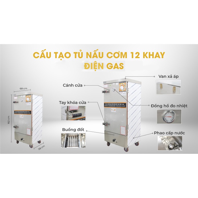 Tủ Nấu Cơm 60 Kg Gạo/ Mẻ Bằng Điện Gas 12 Khay Việt Nam NEWSUN - Hàng Chính Hãng - Bảo Hành 12 Tháng