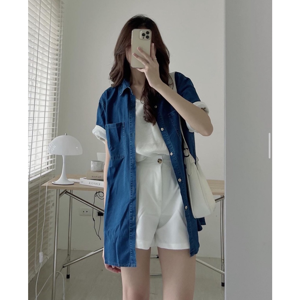 Sơ mi denim cộc tay oversize 2 túi form rộng nam nữ ulzzang 5037/p1k12