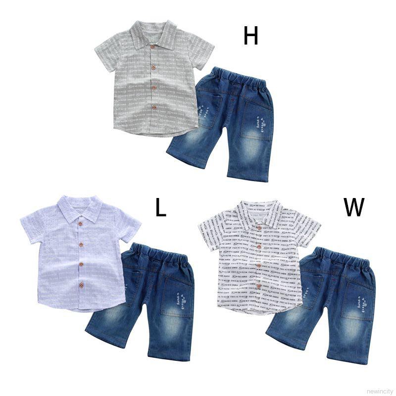 Set áo thun tay ngắn in chữ &amp; quần short denim cho bé trai