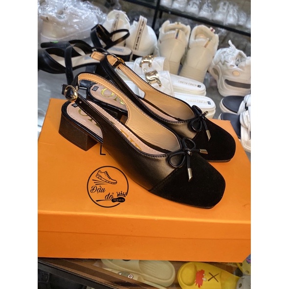 Giày sandanl cao gót nữ bít mũi gắn nơ đế vuông 3cm ảnh thật shop tự quay