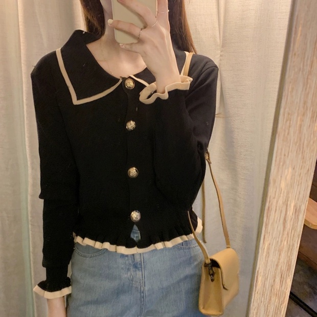 Áo cardigan dệt kim tay dài cổ polo form ôm phong cách Hàn quốc