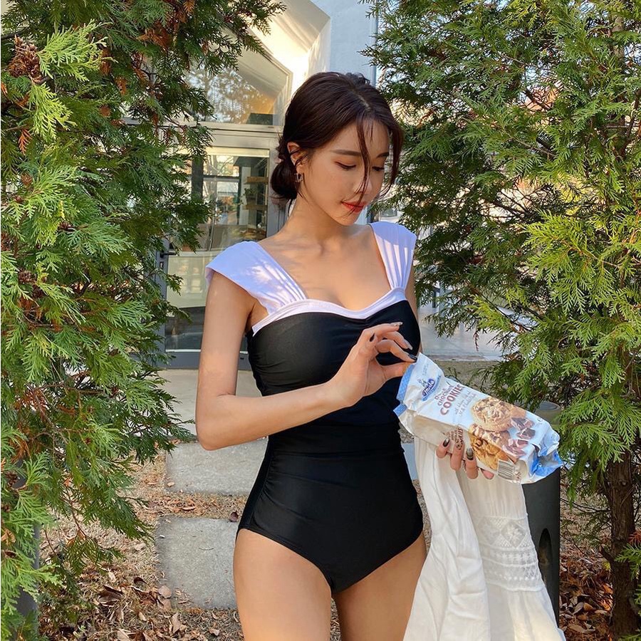 [BIKINI 1 MẢNH CAO CẤP] Đồ bơi nữ, đồ tắm 1 mảnh nhún ngực màu đen dây vai trắng bảng to cá tính