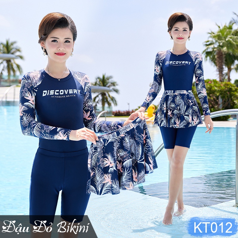 Đồ bơi dài tay cho mẹ & bà, Bikini 3 chi tiết cho tuổi trung niên, quần short lửng + chân váy, thun bơi lạnh đẹp | KT012