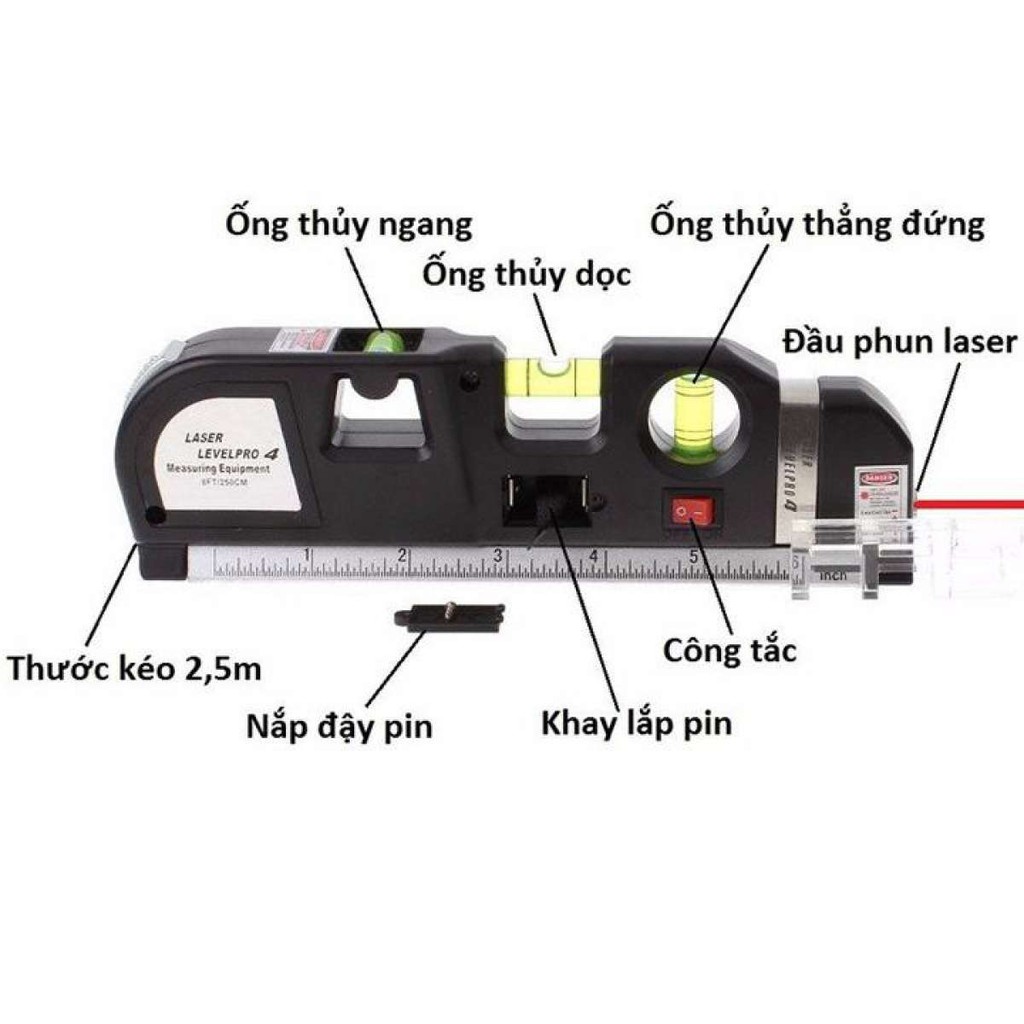 Thước ni vô laser đa năng cân bằng kèm thước kéo 2,5m