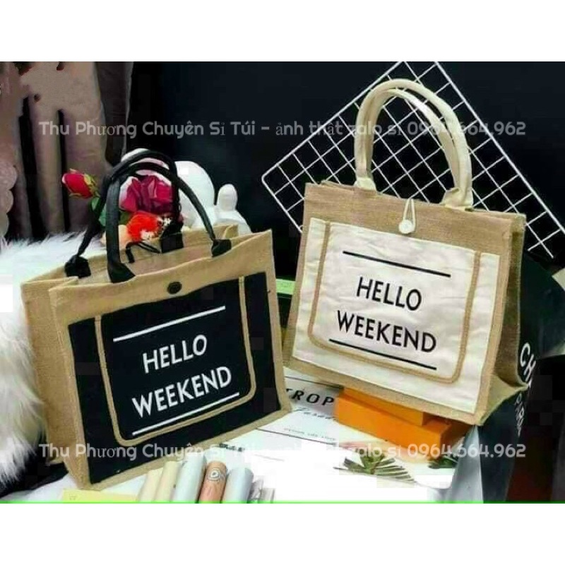 Túi cói đi du lịch, đi biển HELLO WEEKEND hàng loại 1, from cứng cap đựng được nhiều đồ