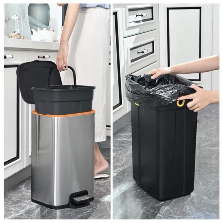 Thùng rác inox vuông dày cao cấp nắp đóng tự động (tặng kèm túi rác có quai tự cắt)