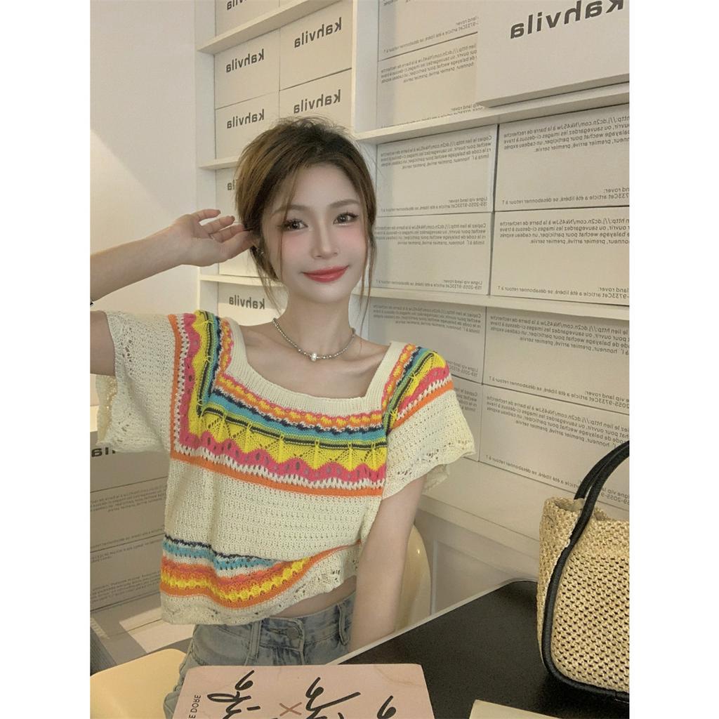 ZHELIHANGFEI Áo Thun Tay Ngắn Họa Tiết Sọc Thời Trang Phong Cách Cho Nữ