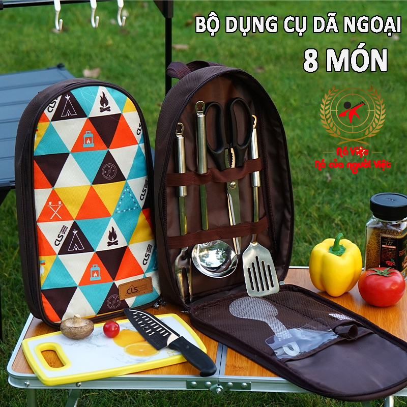 Bộ dụng cụ nấu ăn dã ngoại có túi đựng - Bộ dụng cụ nấu ăn 8 món dùng khi đi du lịch, dã ngoại [DCP5]]