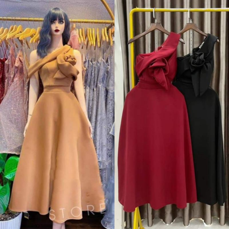 Đầm xòe lệch vai ( Size S-M-L-XL ) phối hoa bự HÀNG THIẾT KẾ