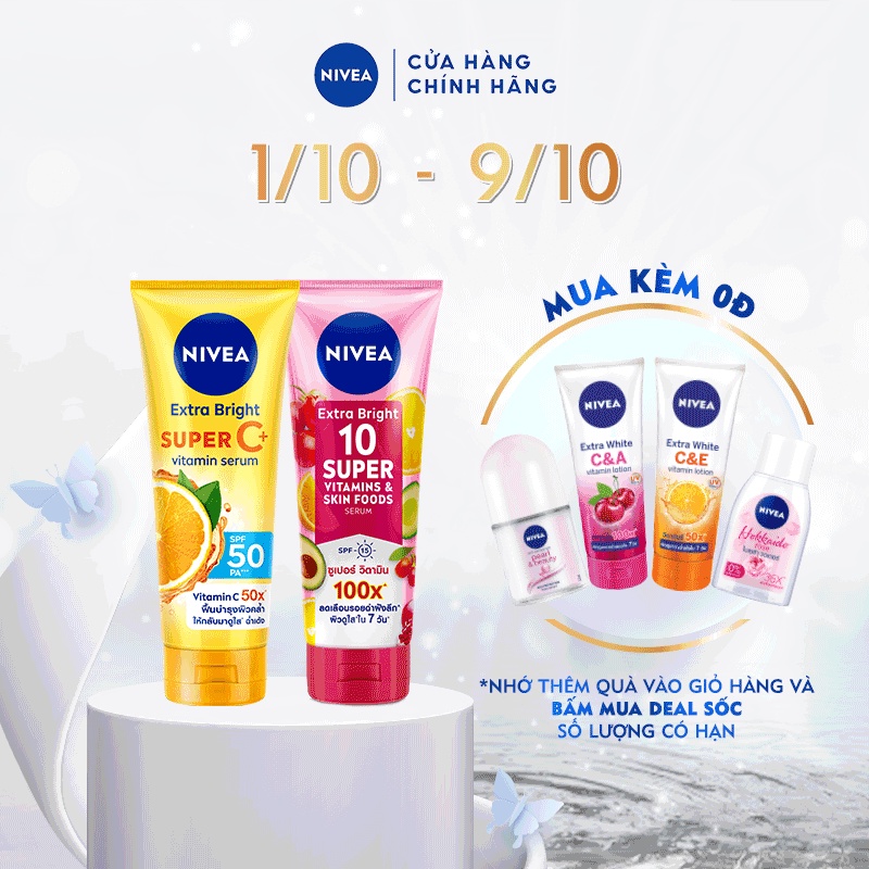 Bộ đôi Serum Dưỡng Thể Super Vitamins Ngày & Đêm NIVEA Sáng Da: Super C+ và 10 Super Vitamins & Skin Foods (180 ml/chai)