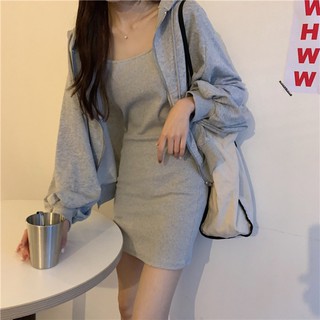 (ORDER) Set váy hai dây ôm body+ Áo khoác thun có mũ style năng động thể thao gợi cảm - Kèm ảnh thật