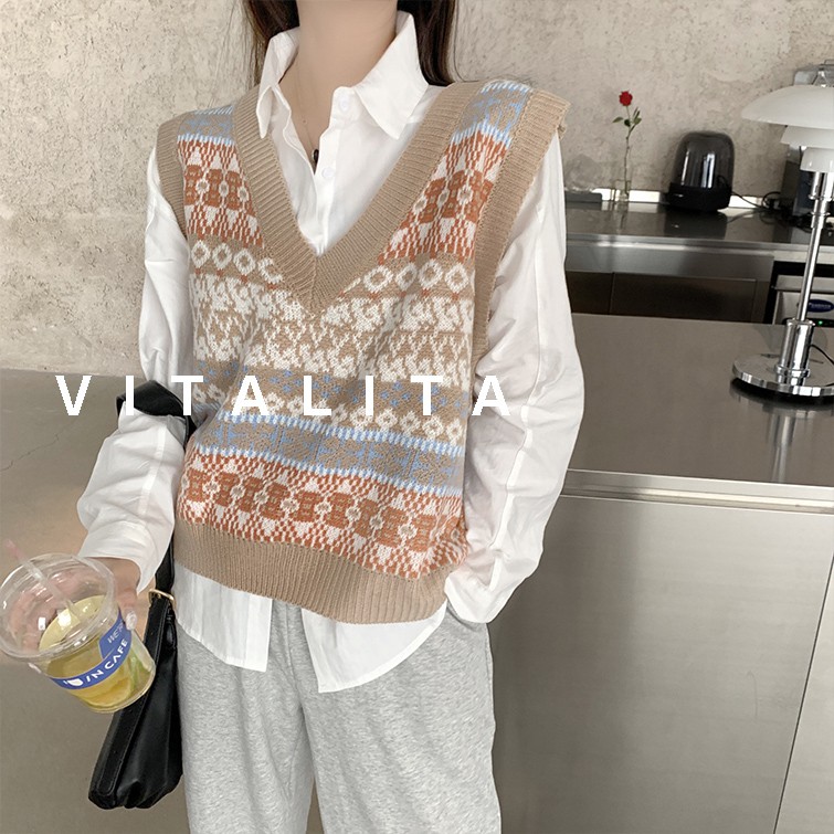 Áo gile len form rộng chất dệt kim họa tiết thổ cẩm Style Ulzzang Vitalita GL02