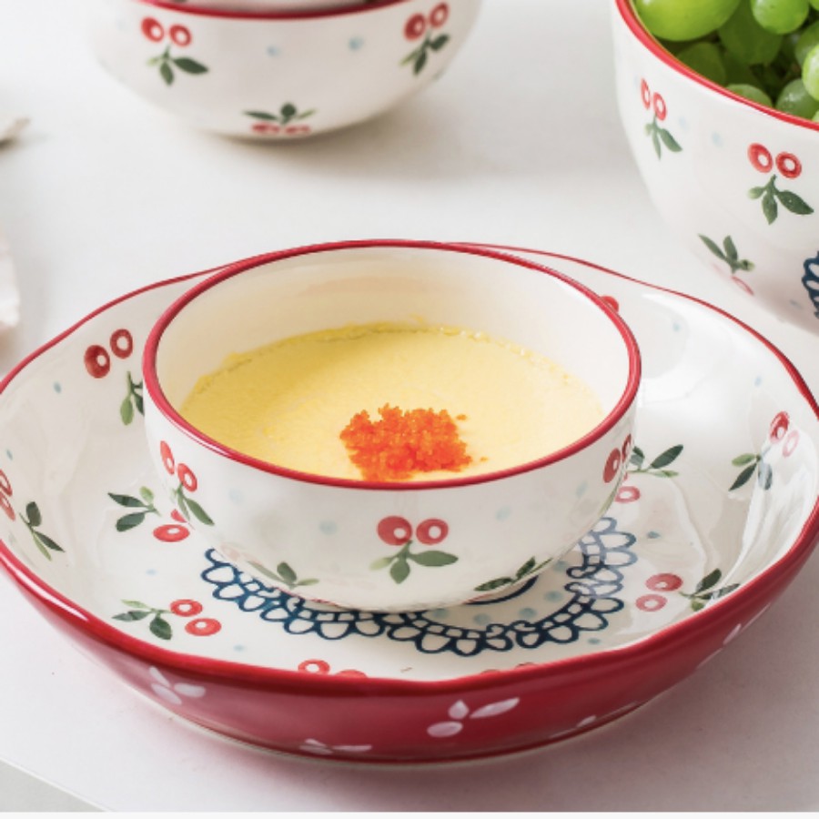 Bộ bát đĩa sứ họa tiết cherry phong cách Hàn Quốc - phụ kiện bàn ăn đẹp decor nhà