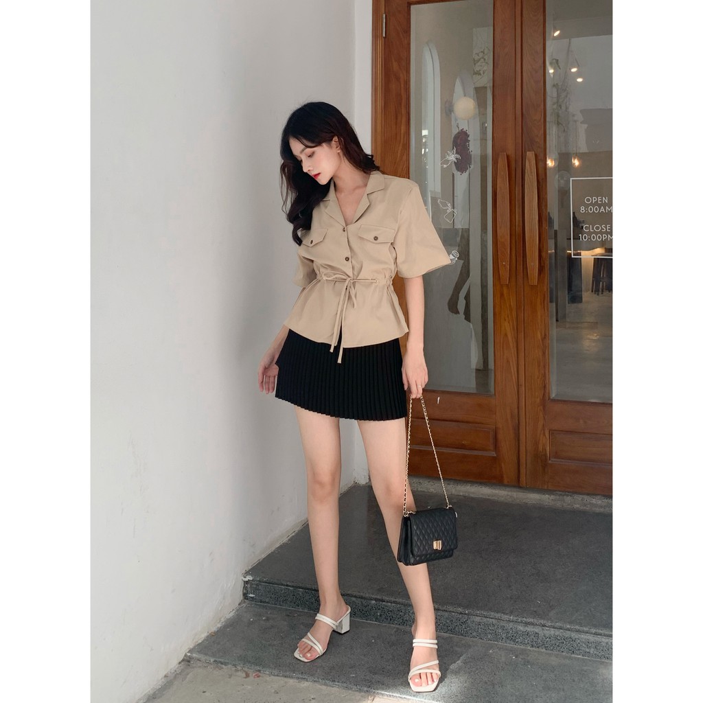 TUBYCATU | Áo sơ mi kem rút eo túi đắp