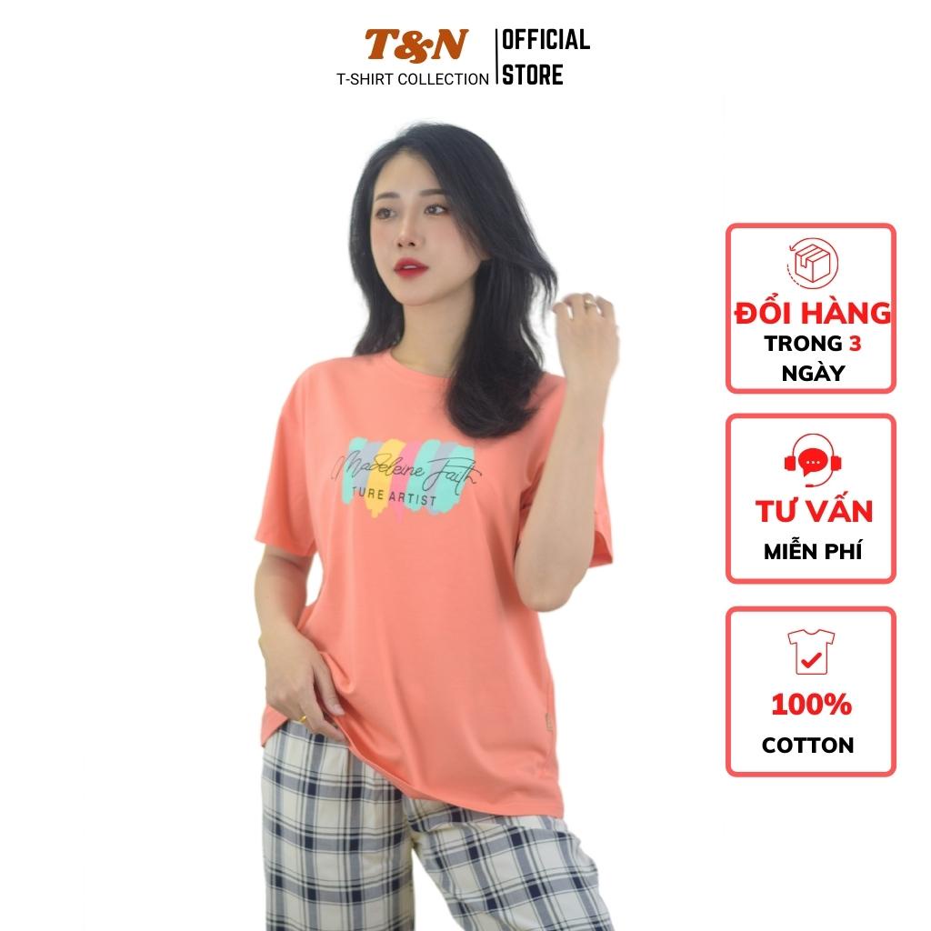 Áo Thun Nữ cổ tròn tay ngắn T&amp;N form rộng xuông in hình+ chữ, vải thun Cotton 100% mềm mại thoáng mát