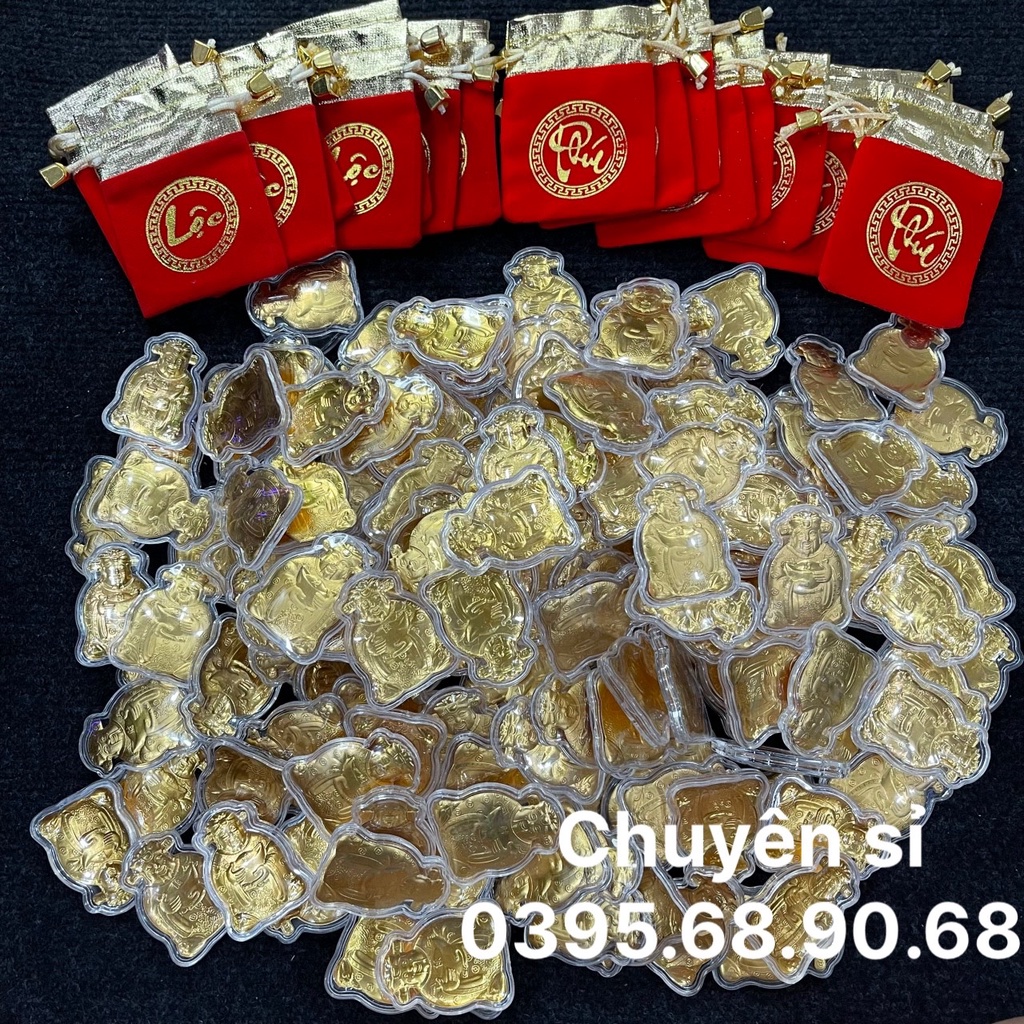 Sỉ 100 Thỏi Thần Tài Mạ Vàng Kèm Túi Gấm Chữ Lộc, Phúc, Phong Thuỷ May Mắn