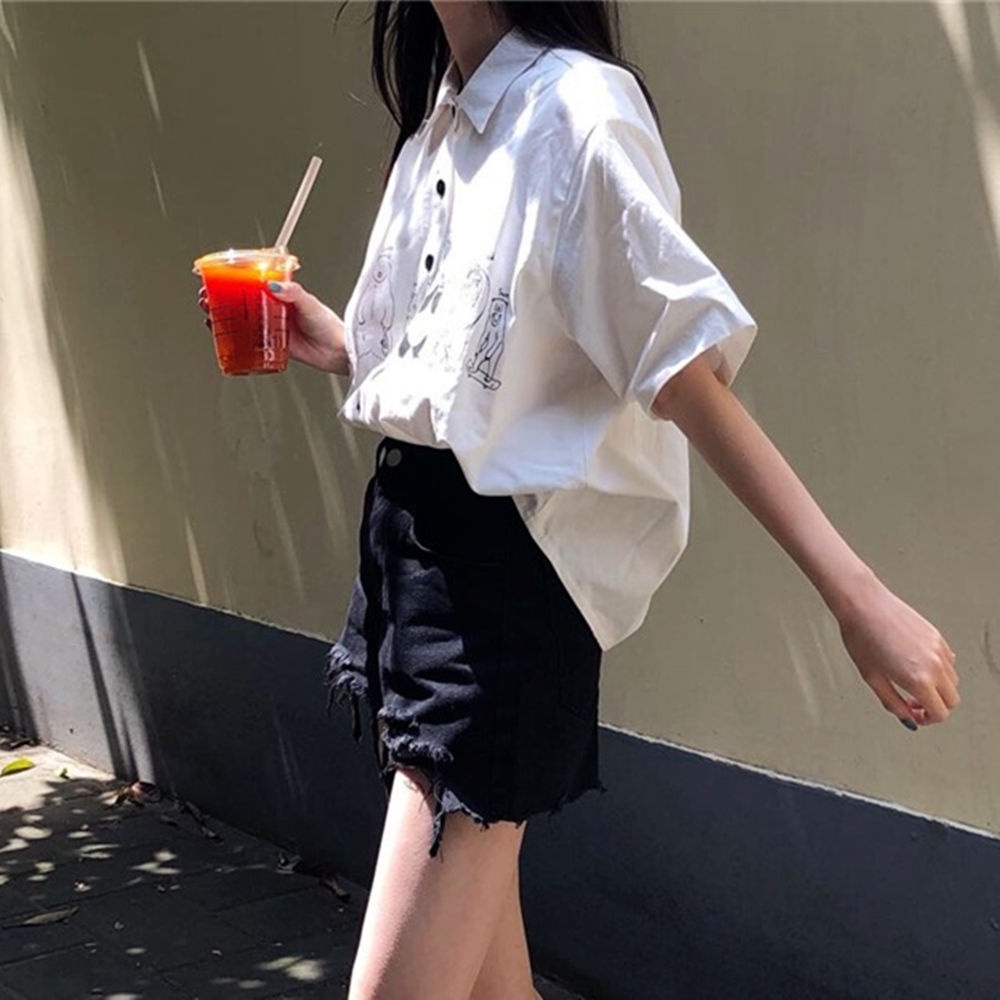 Áo sơ mi IELGY tay ngắn dáng rộng in họa tiết hoạt hình phong cách Hàn Quốc thời trang cho nữ