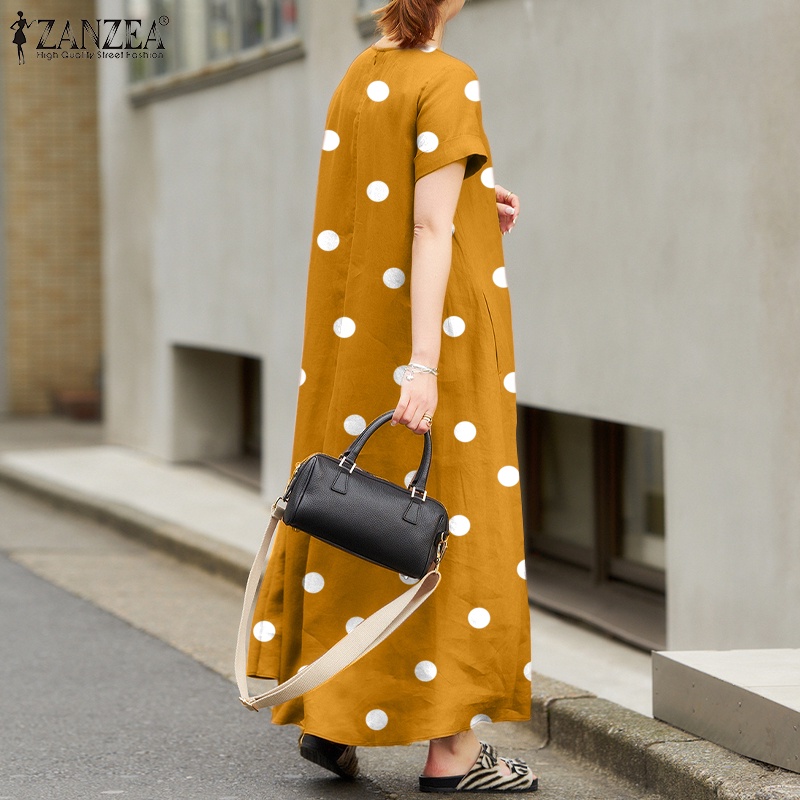 ZANZEA Đầm Ngắn Tay Cổ Tròn Họa Tiết Chấm Bi Thời Trang Dành Cho Nữ