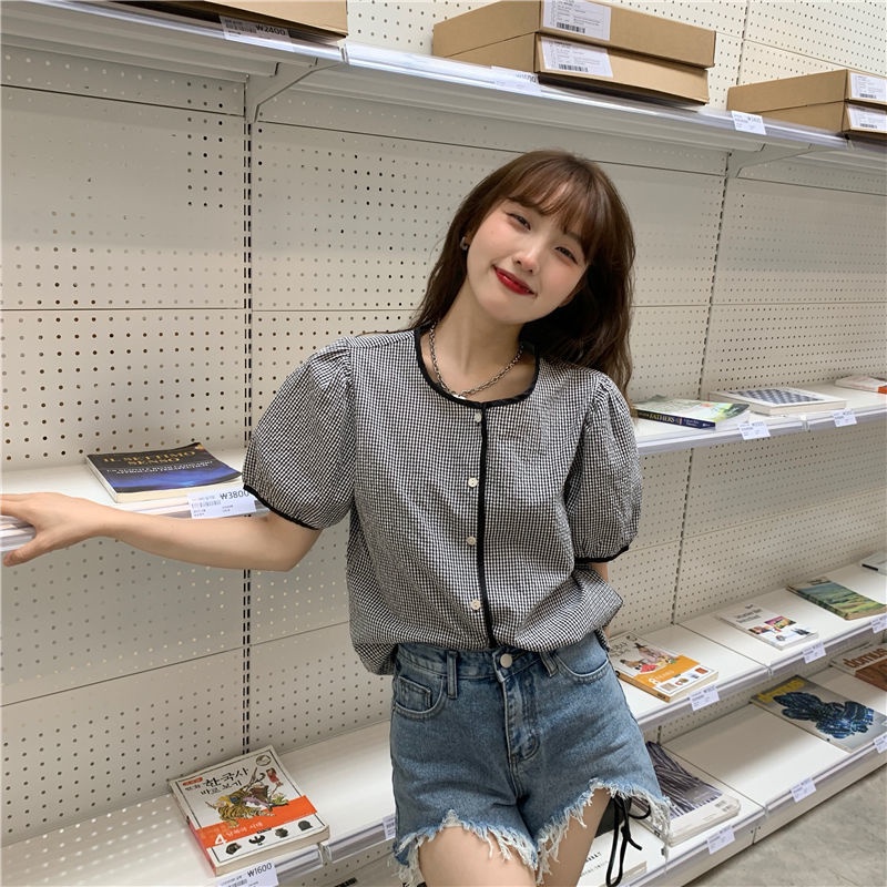Áo sơ mi tay ngắn phồng họa tiết sọc caro thời trang theo phong cách hàn quốc cho nữ