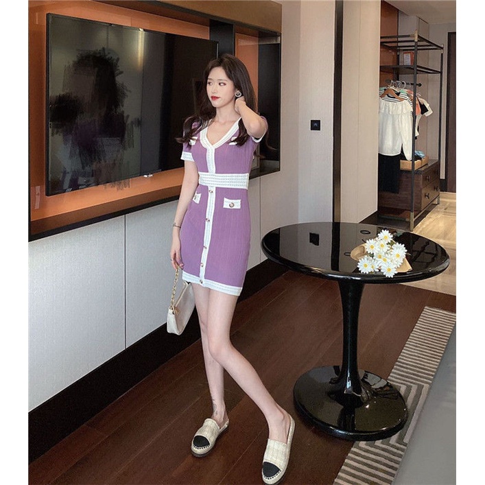 2022 summer dress new Xiaoxiangfeng knitted dress temperament fashion black elastic slim show thin hip skirt woman