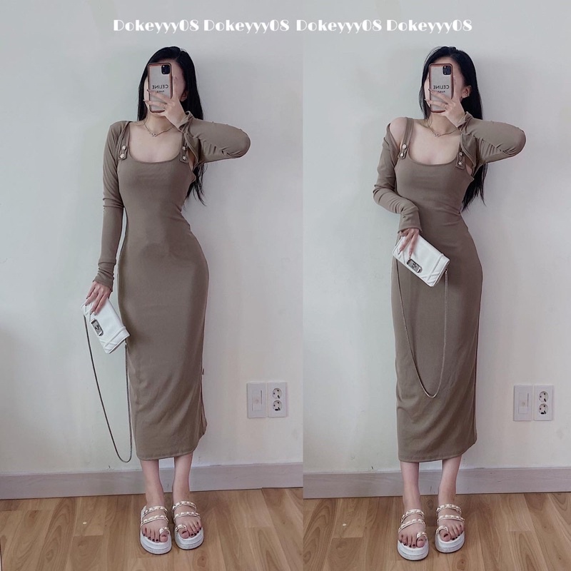 Set váy body khuy vai dáng dài co giãn