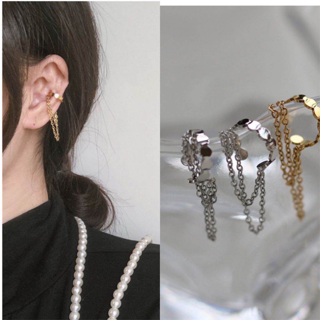 Bông tai titan vành móc tròn phối 2 xích không gỉ WE2105