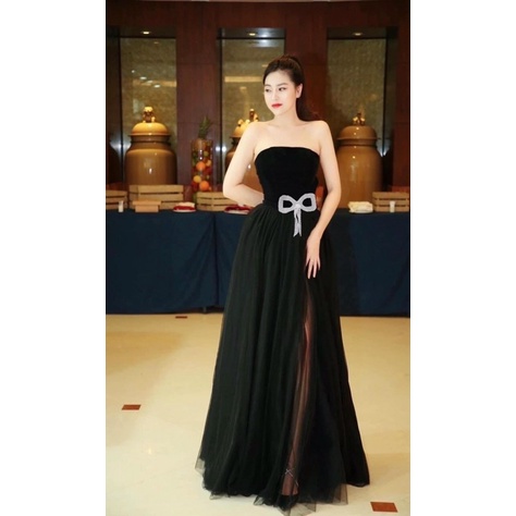 Đầm dạ hội hai dây lưới đen,váy maxi dạ hội đen kết nơ