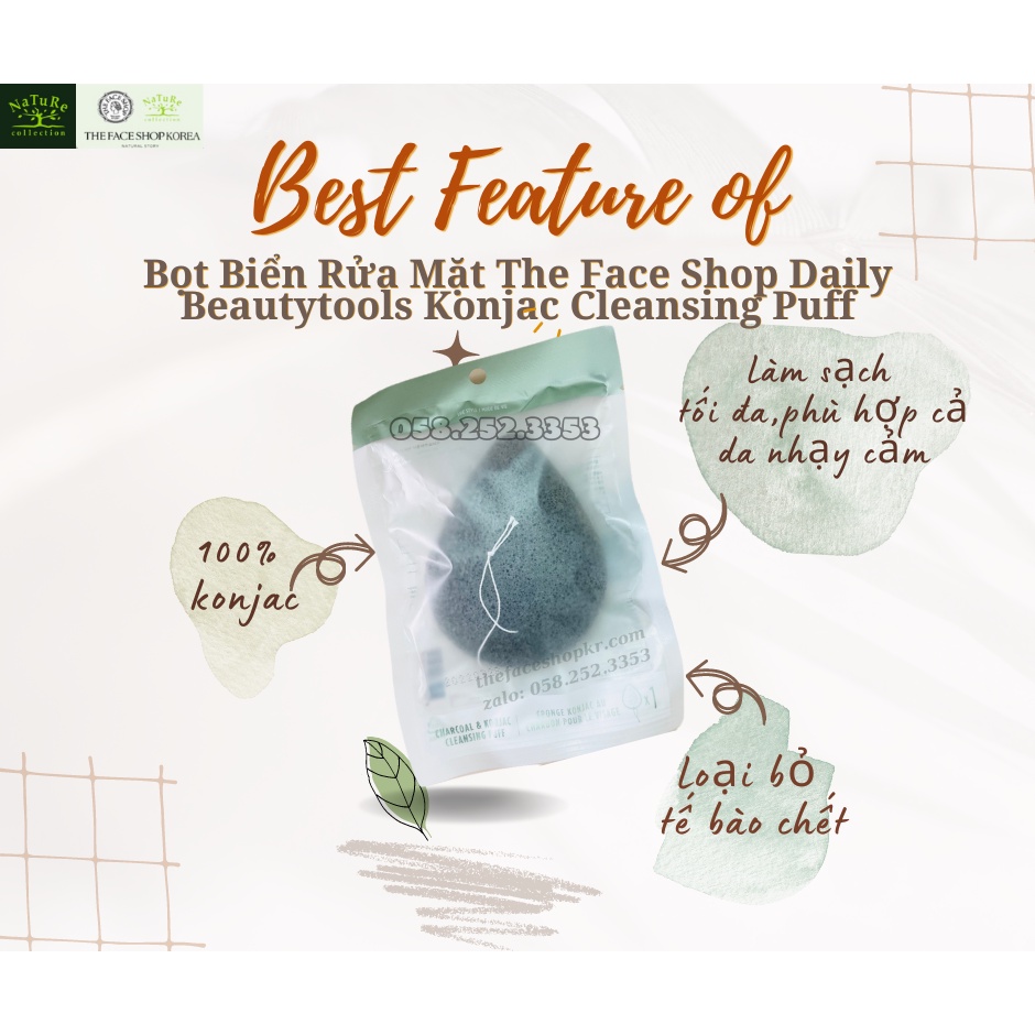 Bông rửa mặt bọt biển làm sạch sâu da mặt sợi mềm mại khử khuẩn Charcoal & Konjac Cleansing Puff The Face Shop