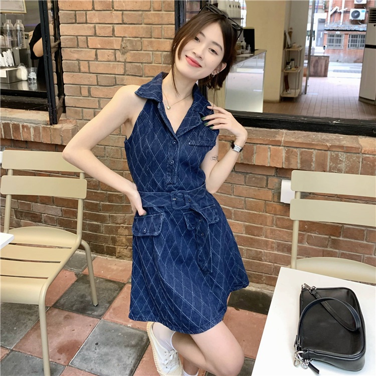 Đầm Denim Sát Nách Cổ Bẻ Nhấn Eo Thời Trang Mùa Hè Phong Cách Hàn Quốc Mới