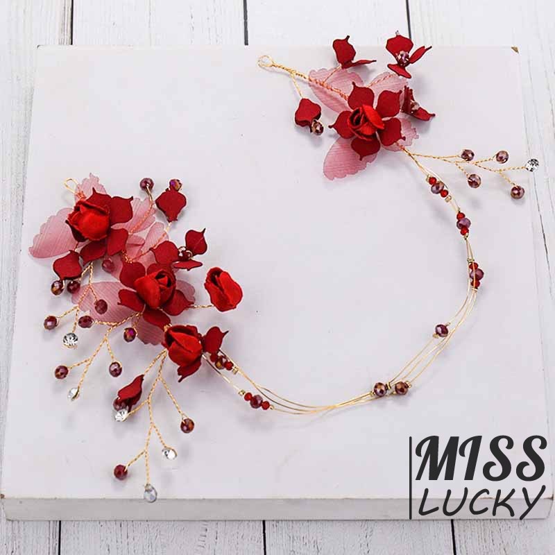 Cài tóc trang trí hoa đỏ đính đá xinh xắn cho cô dâu