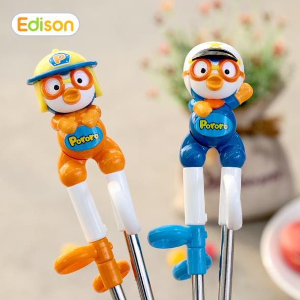 Đồ dùng ăn dặm cho bé made in Korea đũa xỏ ngón giúp tập gắp thức ăn Edison hình Pororo bằng Inox