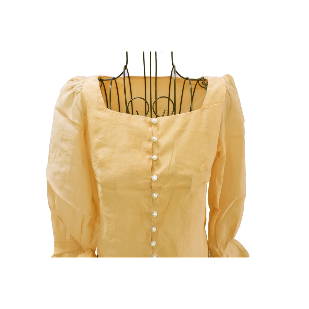 Áo sơ mi croptop cổ vuông tay dài thắt nơ, may 2 lớp (BT053)