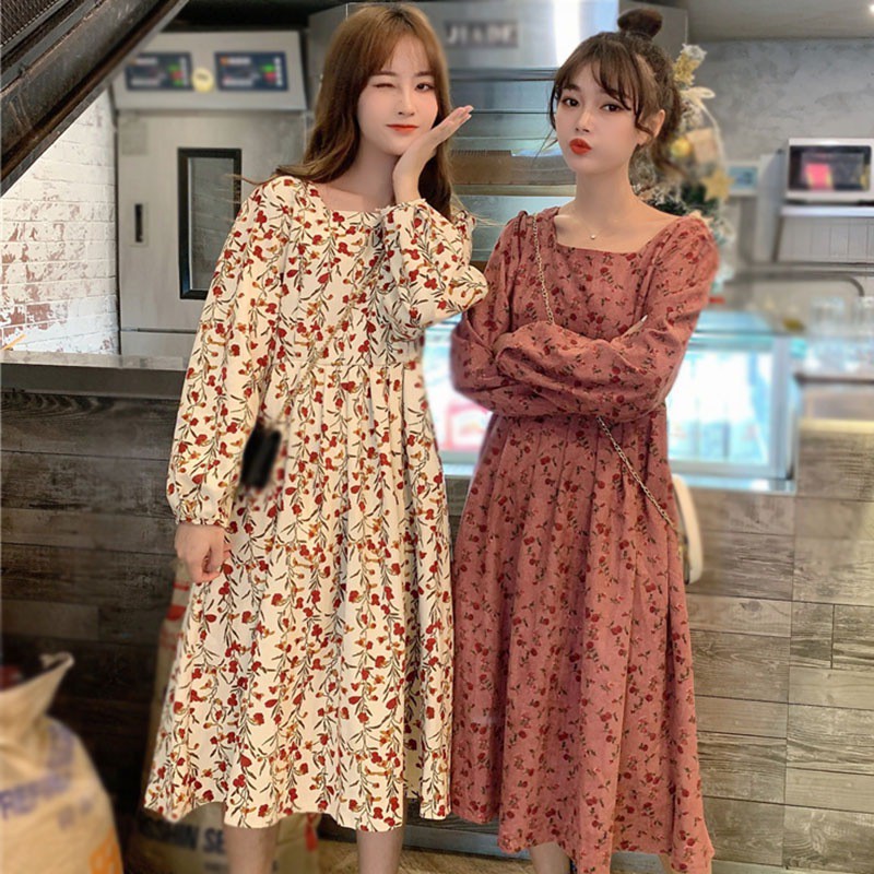 Đầm Tay Dài Hoạ Tiết Hoa Thời Trang Thu Đông Cho Phái Nữ