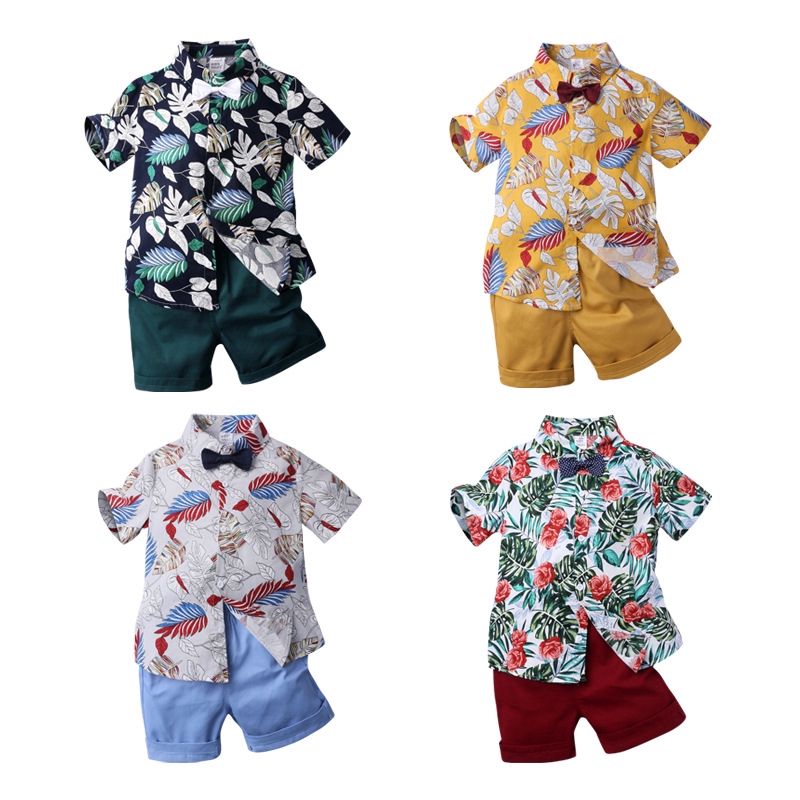 Set Áo Thun Tay Ngắn &amp; Quần Short In Hoa Cho Bé Trai