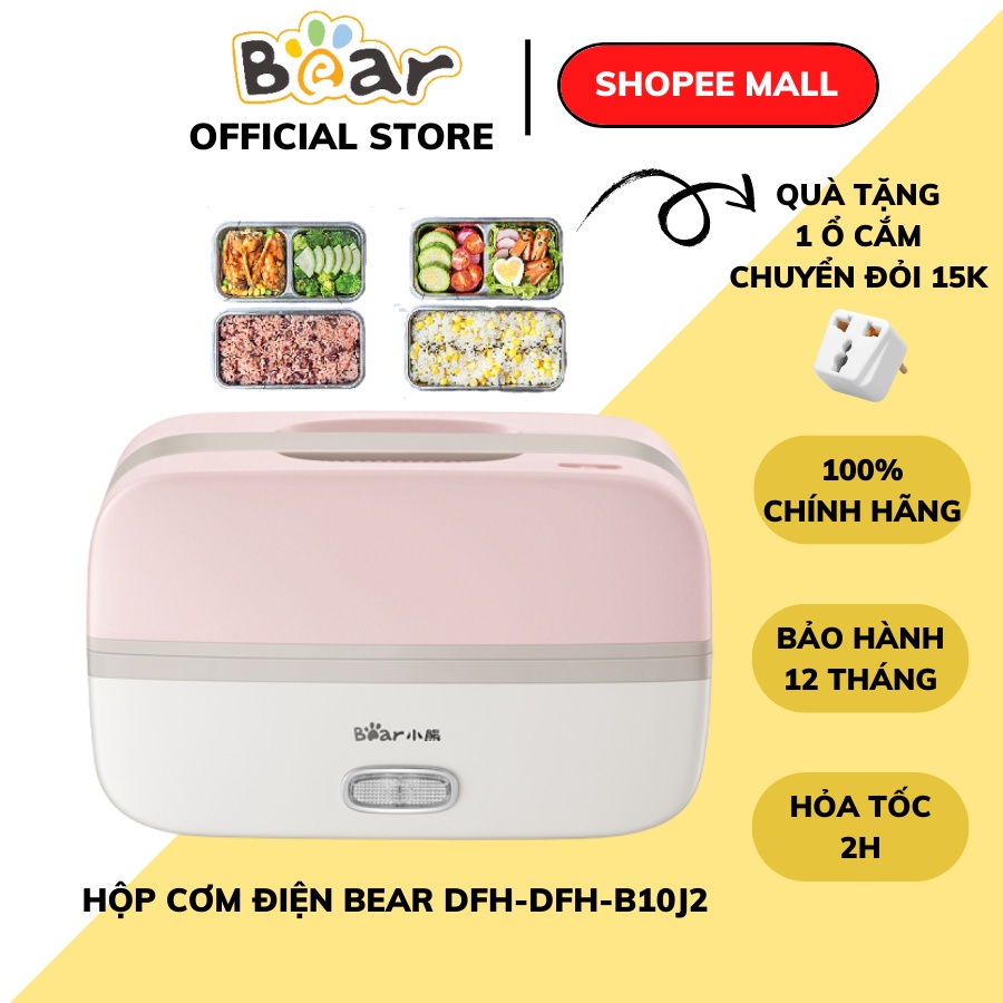 Hộp đựng cơm cắm điện giữ nhiệt nấu và hâm nóng mini đa năng 2 tầng Bear DFH-B10J2, nhỏ gọn có thể mang theo,BH 12 tháng