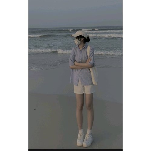 Set áo kẻ xanh sooc trắng[Set bộ đồ nữ áo sơ mi ]freesize vạt chéo sau siêu xinh