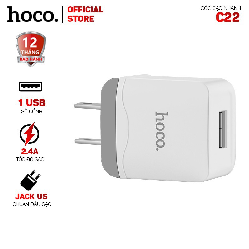 Cóc sạc HOCO C22 2.4A (Iphone, IPAD) hàng chính hãng bảo hành 12 tháng 1 đổi 1