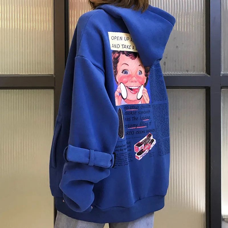 Sttg Áo Sweatshirt Có Mũ Trùm Đầu Dáng Rộng Lót Lông Cừu Dày Màu Xanh Dương Cỡ Lớn Phong Cách Hàn Quốc Thời Trang Thu