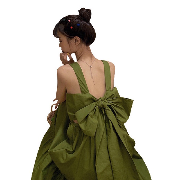 Đầm Hai Dây Hở Lưng Màu Xanh Bơ 2022 Thời Trang Mùa Hè Cho Bé Gái