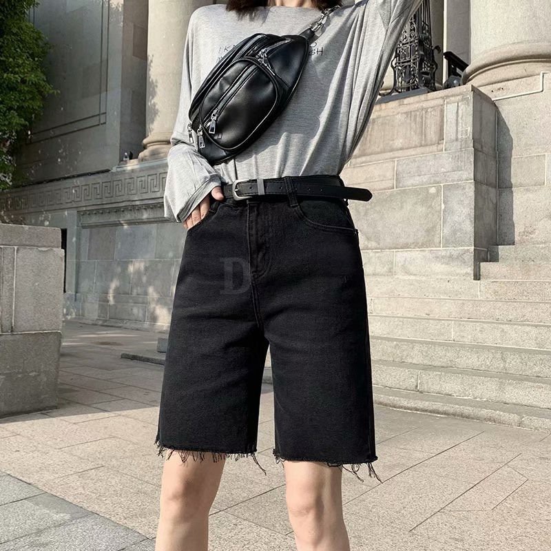 Quần short denim daduhey màu đen dáng suông ống rộng phong cách Hàn Quốc mùa hè cho nữ (không kèm thắt lưng Pos)