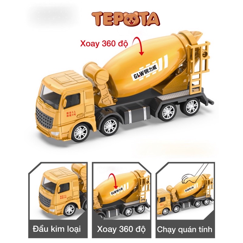 [CÓ HỘP] Xe Trộn Bê Tông  TEPOTA Đồ Chơi Bằng Kim Loại Đẹp Trục Quay 360 Độ Cho Bé Tăng Trí Tưởng Tượng X03XETRON