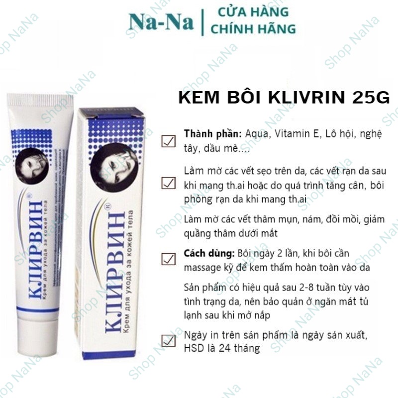 Kem dưỡng da Klirvin giúp mờ sẹo, giảm thâm mụn, mờ các vệt rạn trên da 25g