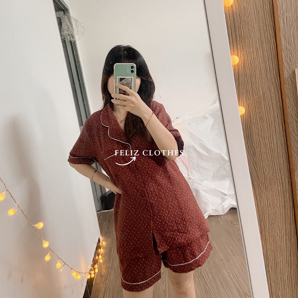 Pyjama xô muslin hoa nhí màu đỏ mận cực đáng yêu