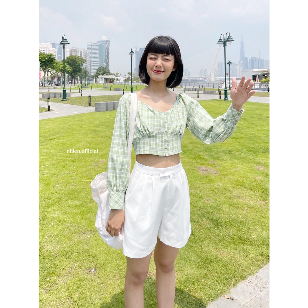 Áo Croptop Caro Tay Dài Xanh Lá Nhienvintage BA67