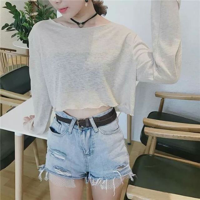 Áo Croptop Tay Dài Chất Len Dệt (kèm ảnh thật)