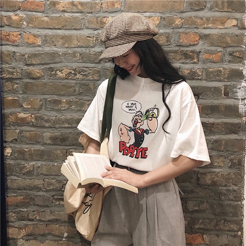 SUXI Áo Thun Tay Ngắn Dáng Rộng In Hoạt Hình Kiểu Retro Hàn Quốc Dễ Thương