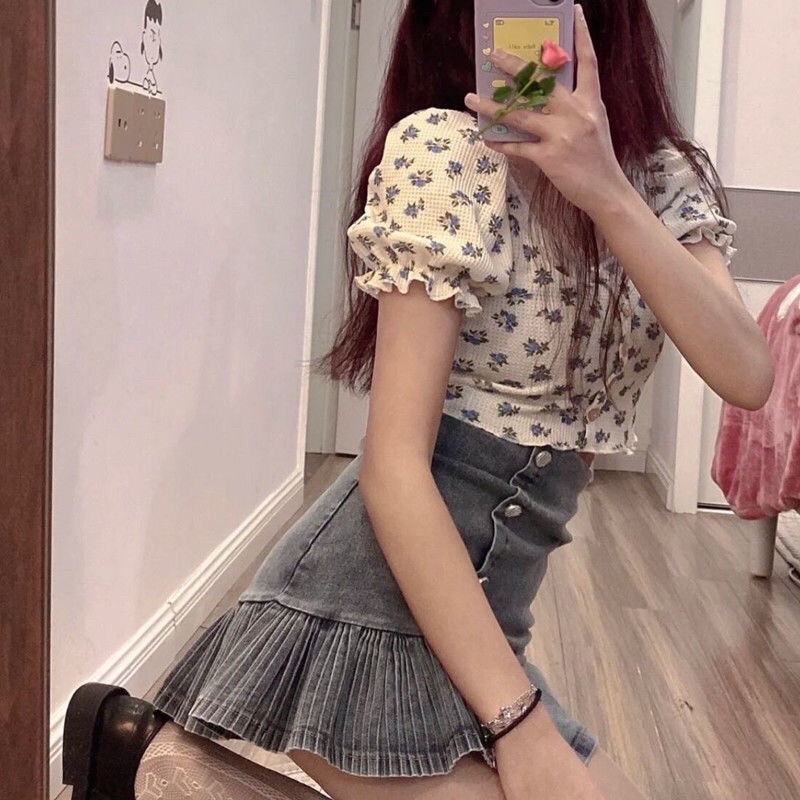 Set Áo Croptop Hoa + Chân Váy Denim M25 Phong Cách Hàn Quốc