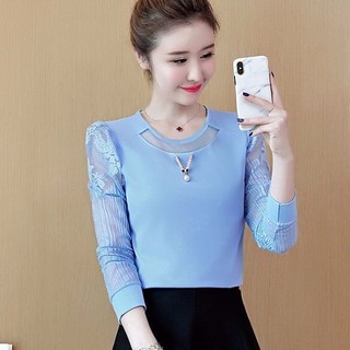 áo tuổi☜Áo sơ mi ren mùa xuân mới 2021 phiên bản Hàn Quốc nữ đáy quần ngoài nhỏ dài tay phông voan phía trên <