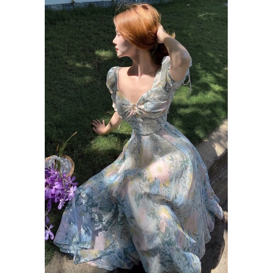 Đầm xoè hoa xanh